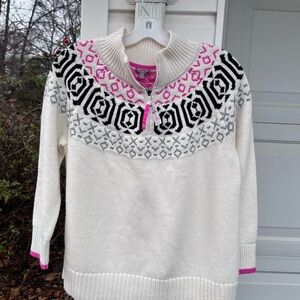 NWT Talbots Cozy Cream Black Pink Pattern 1/4 Zip Sweater